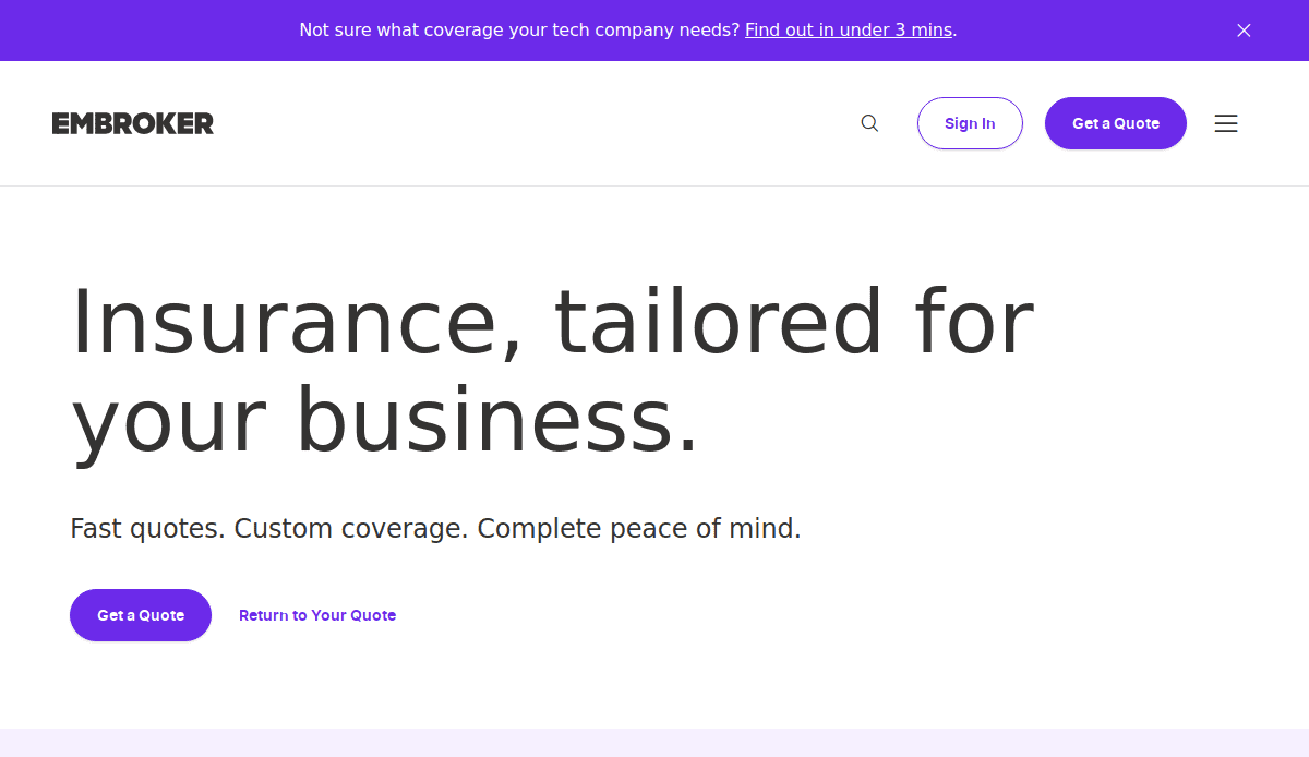 Screenshot of the Embroker insurance website design homepage with the tagline Insurance, tailored for your business, plus Sign In, Get a Quote, and Return to Your Quote buttons clearly visible.