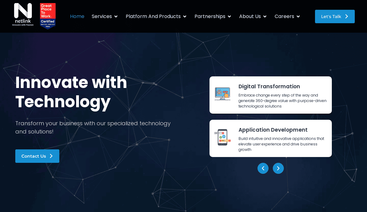 A website homepage for Netlink with a dark background, white text reading Innovate with Technology, and buttons for contacting and learning about digital transformation and application development services—a valuable sales asset for any IT company website.