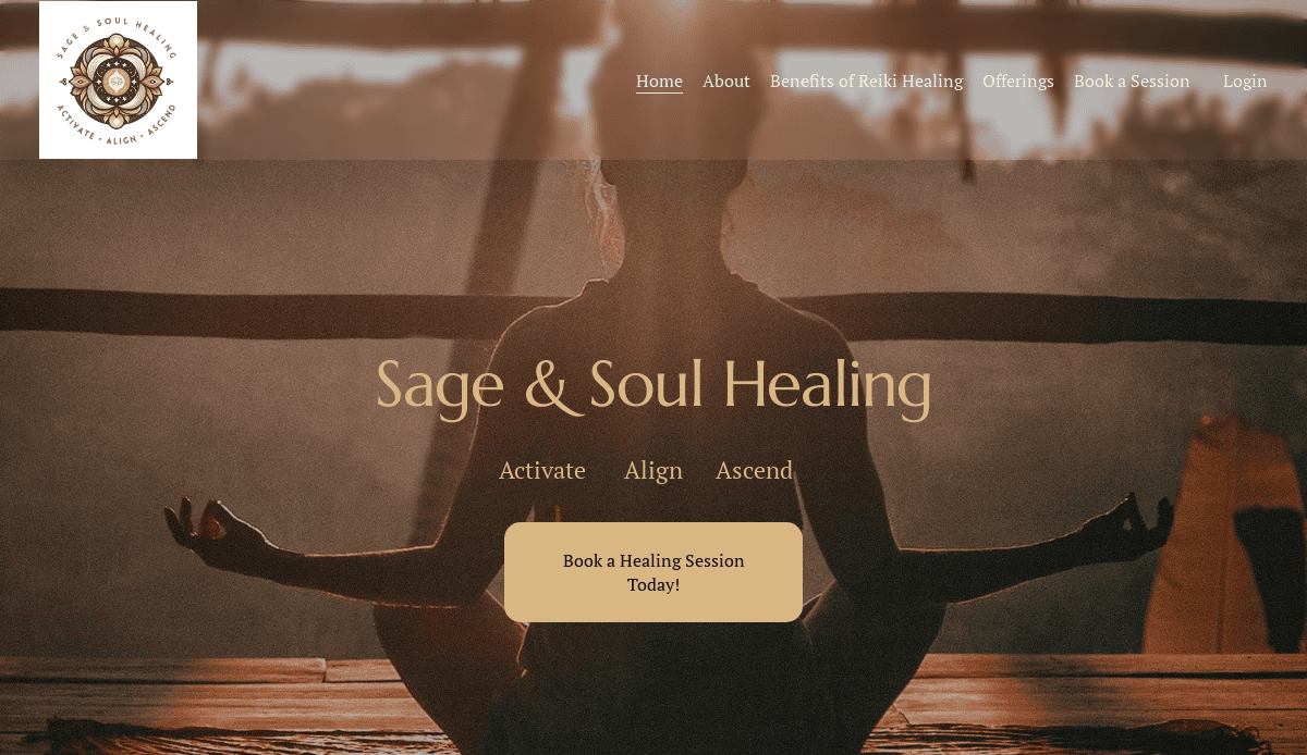 Homepage of Sage & Soul Healing—a wellness website featuring a logo, navigation menu, and a serene background of a person meditating in silhouette. Experience holistic web design with easy navigation and a button to book your healing session.