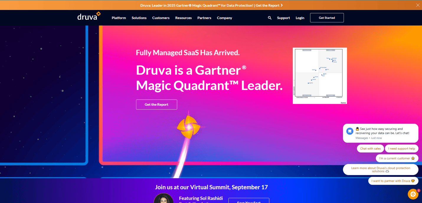 Screenshot of Druva’s website highlighting its status as a Gartner Magic Quadrant Leader in cybersecurity. The page features a rocket launch, “Get the Report” button, chat window, and sleek website designs with navigation options in the header.