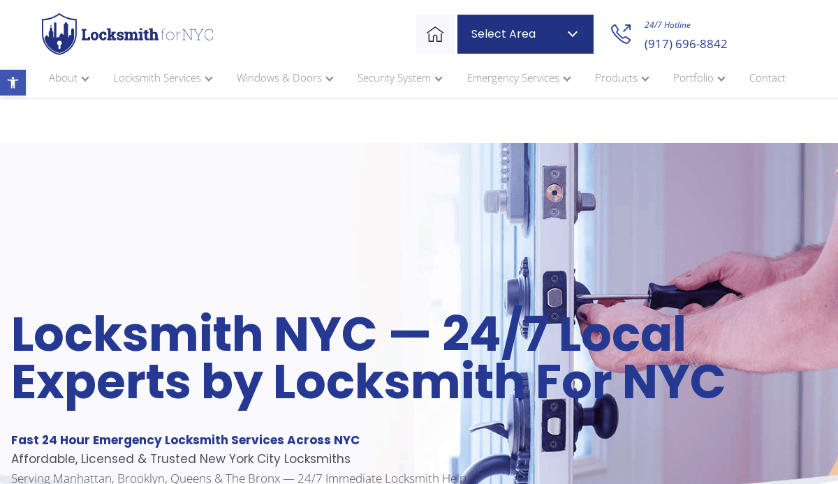 A locksmith installs a lock on a door using a screwdriver. The locksmith website design features the company name Locksmith for NYC, contact info, navigation menu options, and a blue and white color scheme in the header.