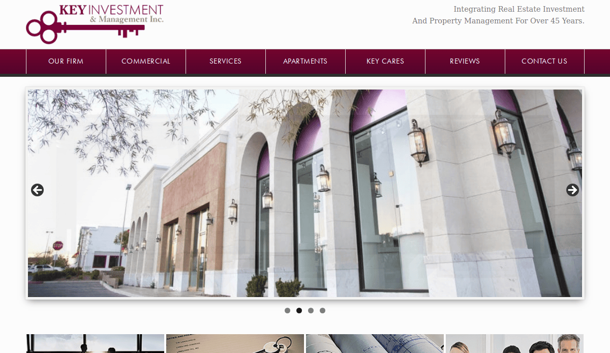 A high-converting realtor website design homepage features a modern commercial building with large arched windows and elegant exterior lighting. The navigation bar offers quick links to firm details, services, apartments, and contact info—ideal for real estate sites.