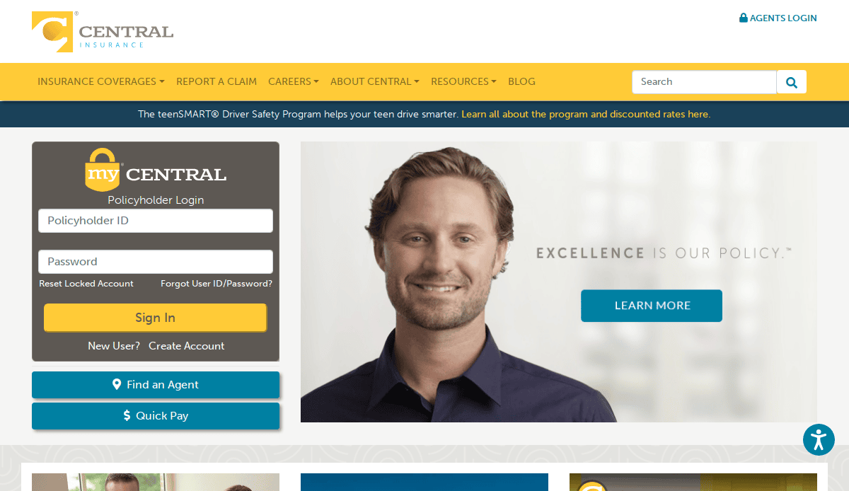 A man with light brown hair and a beard smiles at the camera on the Central Insurance website homepage, showcasing their best insurance website design next to the text EXCELLENCE IS OUR POLICY. with a Learn More button below. Policyholder login is on the left.
