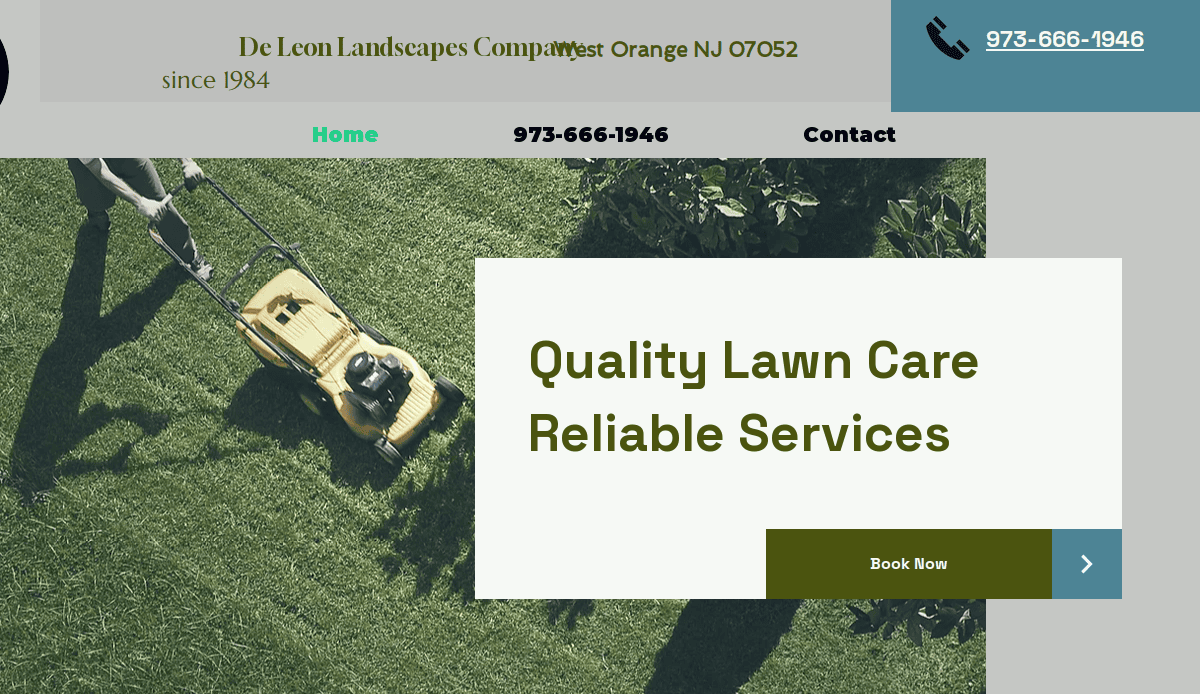 A person mows a green lawn with a yellow mower; overlaid text reads Quality Lawn Care & Reliable Lawn Maintenance Services, with a Book Now button and company contact details visible.