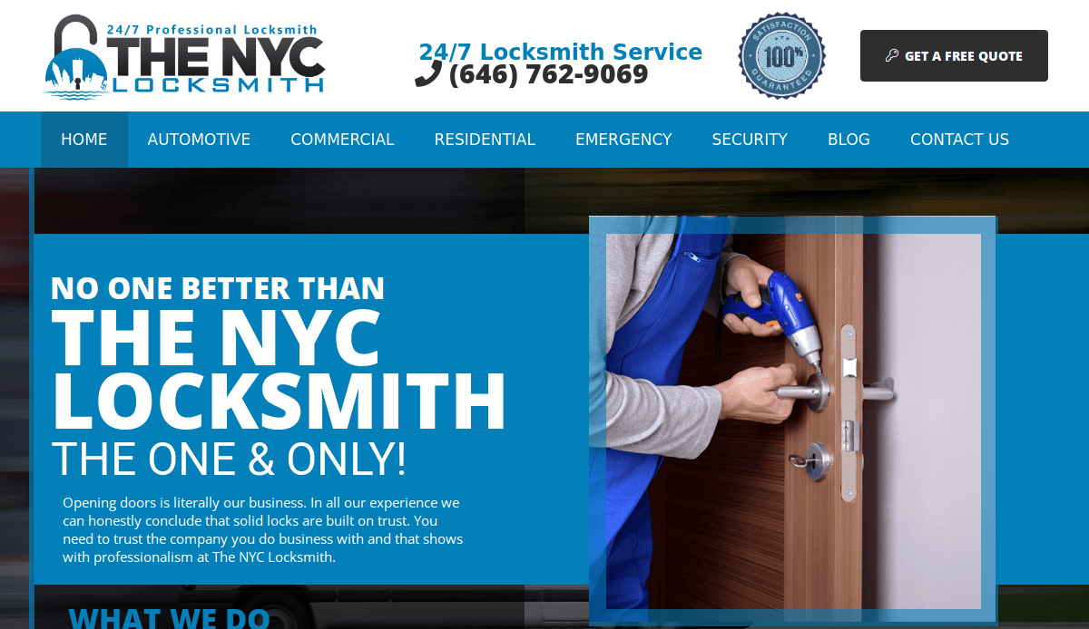 Screenshot of The NYC Locksmith website, showcasing their logo, contact number, a Get a Free Quote button, and an image of a person using a screwdriver to repair a door lock—ideal inspiration for effective locksmith website design.