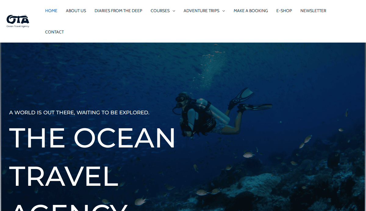 A scuba diver swims underwater surrounded by fish and coral. The website header features sleek Travel Agency Website Design with navigation links for Home, About Us, Courses, and more. Large text reads, “THE OCEAN TRAVEL AGENCY.”.