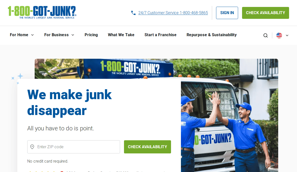 Screenshot of the 1-800-GOT-JUNK? junk removal website homepage, featuring two workers high-fiving in front of a company truck, with “We make junk disappear” as the headline and a form to check service availability.