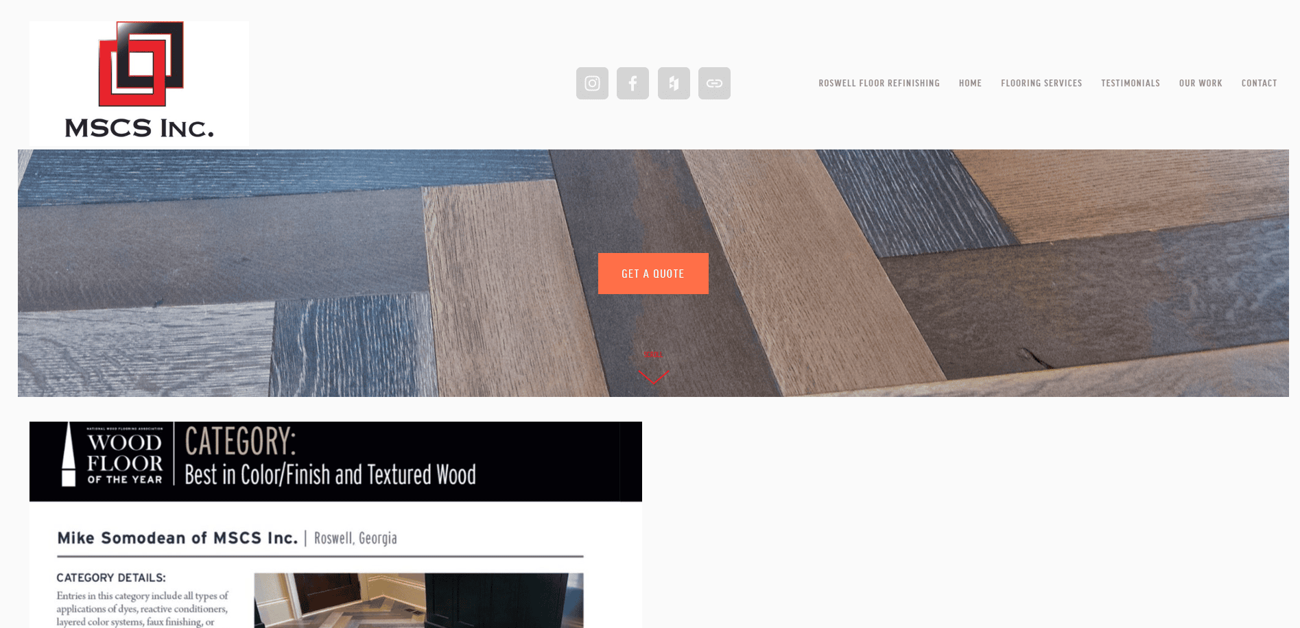 Screenshot of the MSCS Inc. flooring website design, featuring the logo, navigation menu, wood floor samples photo, a prominent Get a Quote button, and a section highlighting an award for wood flooring excellence.