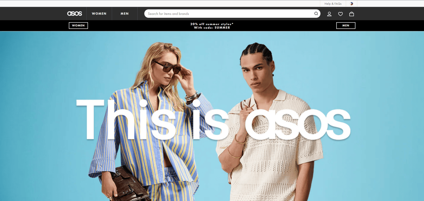 A woman in a blue and yellow striped outfit and sunglasses stands next to a man in a cream knit shirt against a blue background with large text saying This is asos.