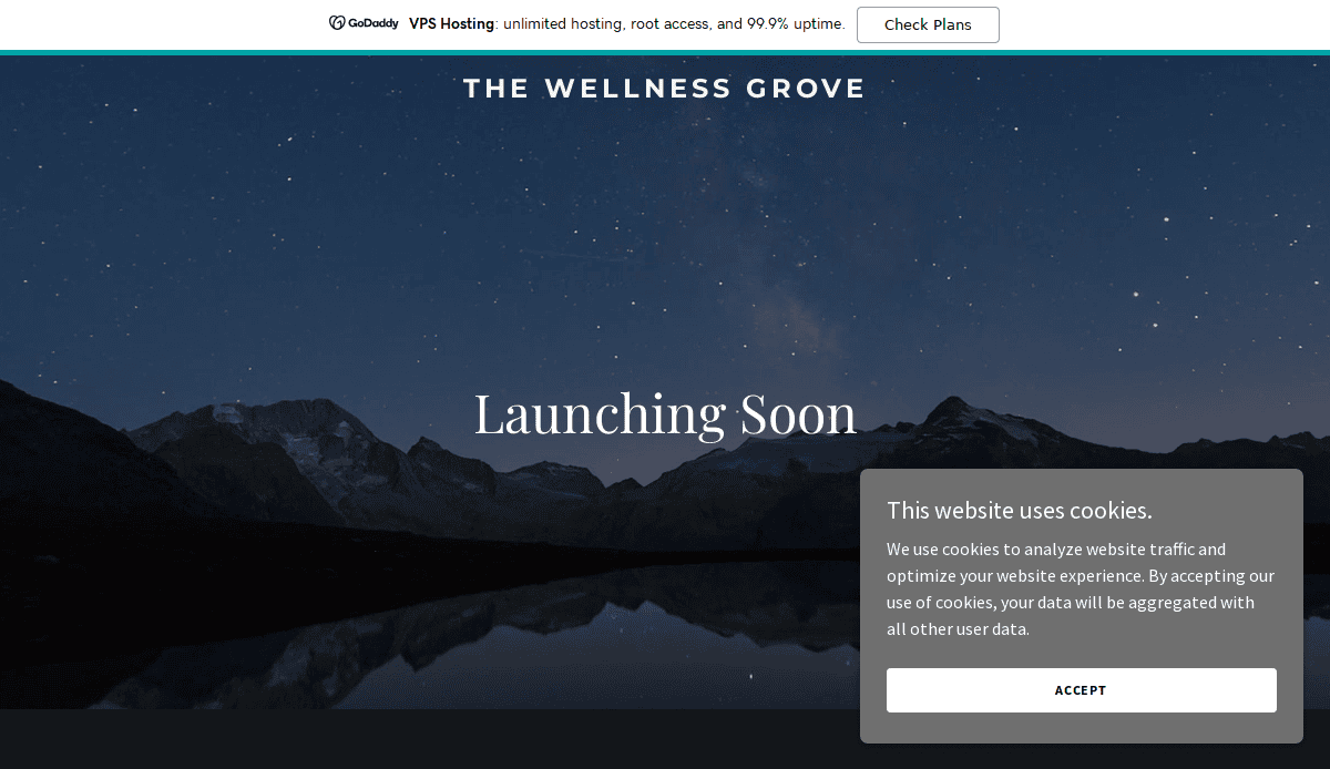 A wellness website featuring a mountain landscape at dusk displays THE WELLNESS GROVE and Launching Soon. Holistic web design elements include a cookie consent box in the lower right corner and a GoDaddy VPS Hosting banner at the top.