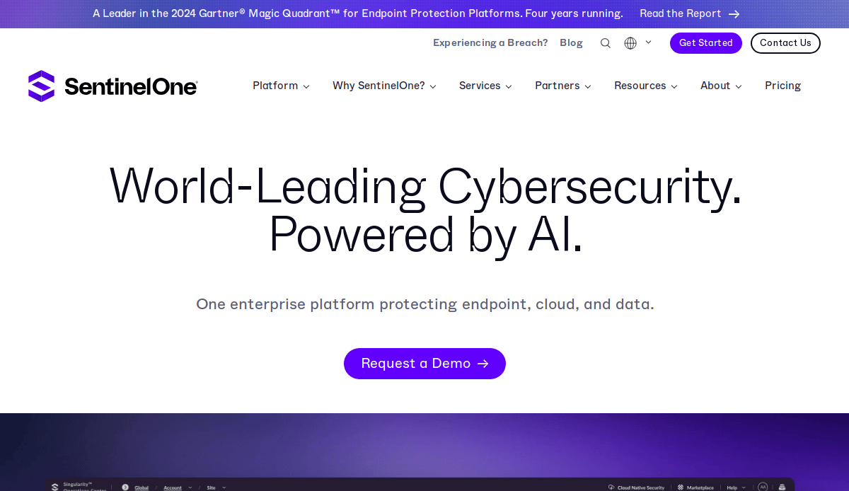 Screenshot of SentinelOne’s homepage with the headline “World-Leading Cybersecurity. Powered by AI.” and a purple “Request a Demo” button—a standout example of modern cybersecurity website designs. Menu includes Platform, Services, Partners, and Resources.