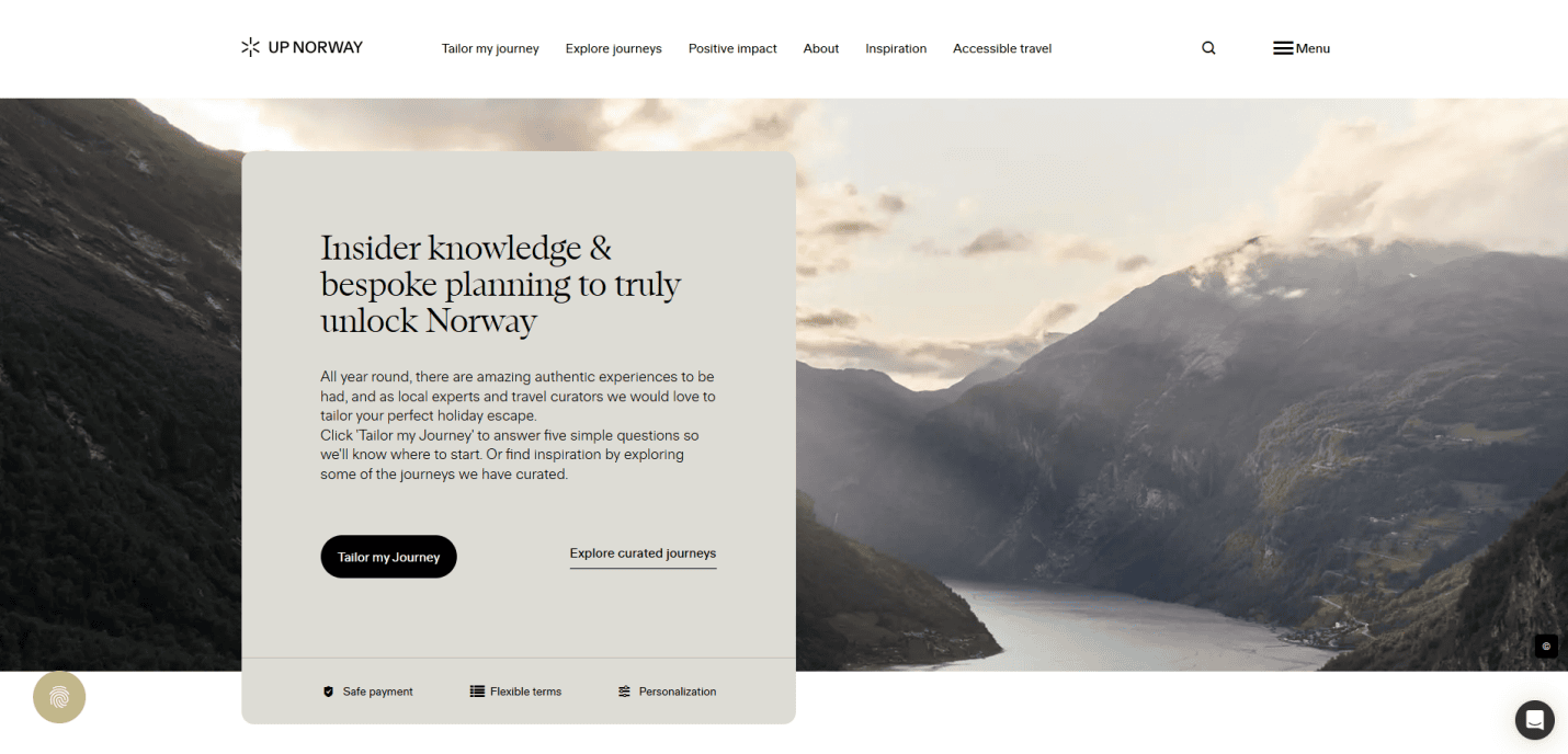 A high-performing site, this travel website homepage showcases a scenic Norwegian fjord with mountains and water, while a text box highlights personalized journeys and curated travel experiences—perfect for those seeking expert travel agency website design.