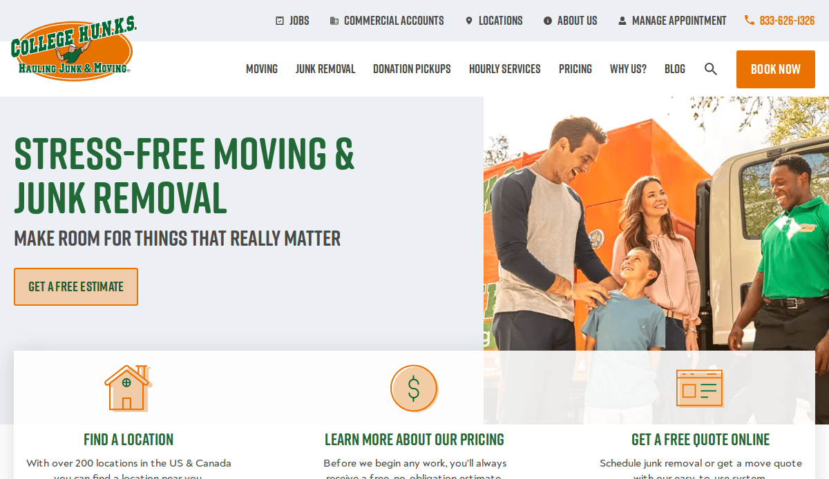A smiling family stands outside near a College Hunks Hauling Junk & Moving truck. The junk removal website header offers services like junk removal and moving, with buttons for estimates, locations, pricing, and quotes.