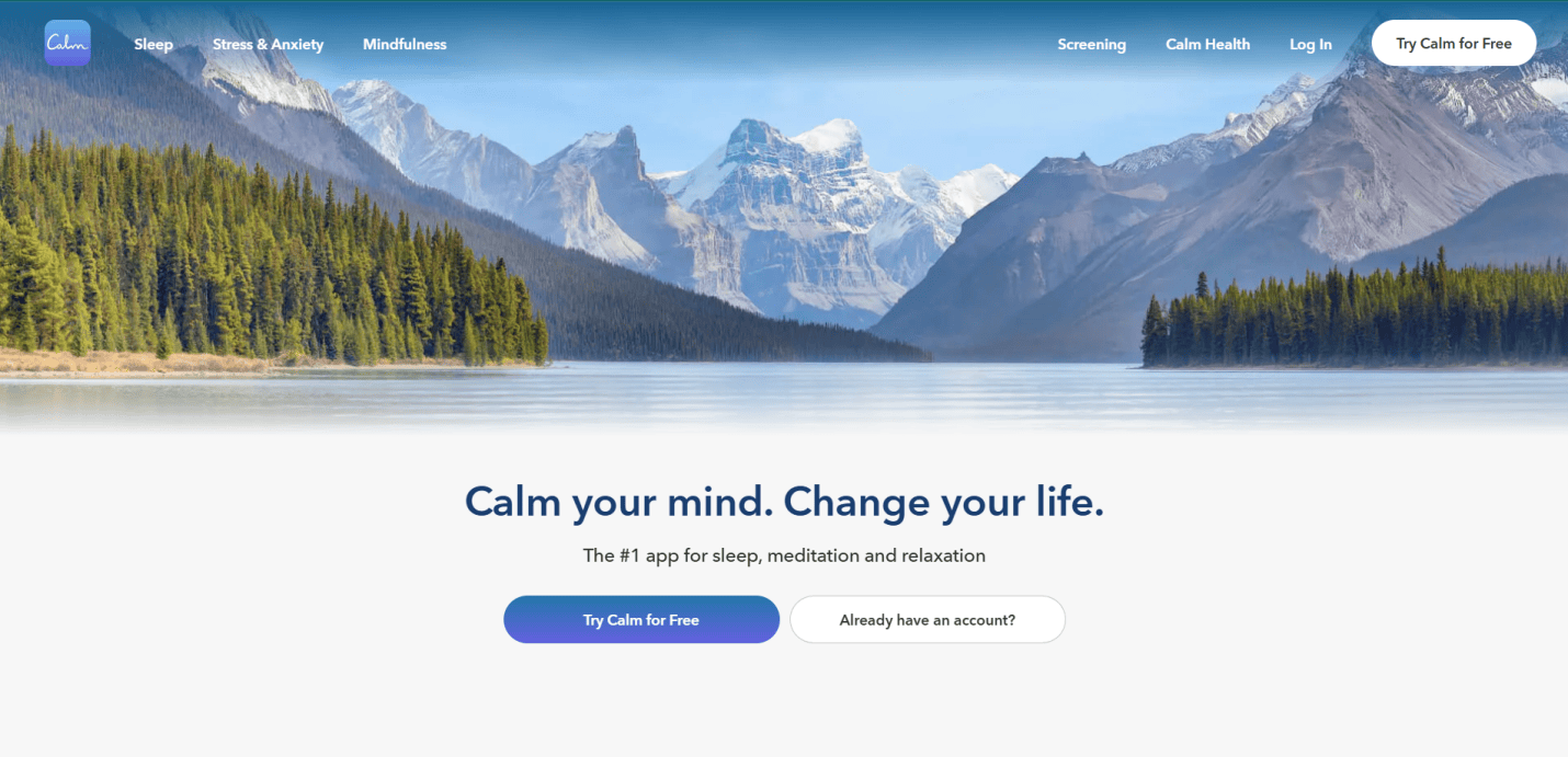 A website homepage with a serene lake and mountains in the background. The page promotes a calmness app, offering options to try for free or log in, with a main message: Calm your mind. Change your life.