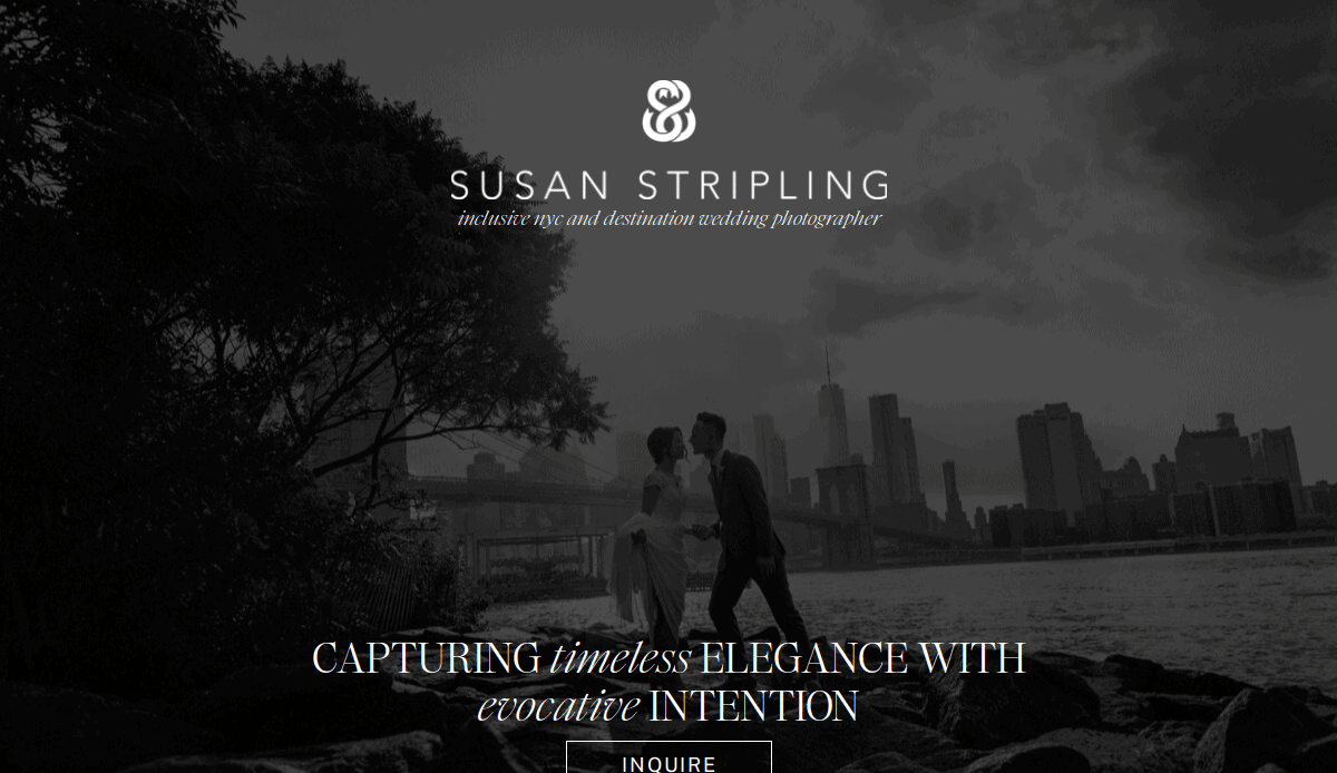 A couple walks hand in hand by the water with a city skyline in the background; the text reads, Susan Stripling inclusive nyc and destination wedding photographer. Showcasing Photography Website Design, Capturing timeless elegance with evocative intention.