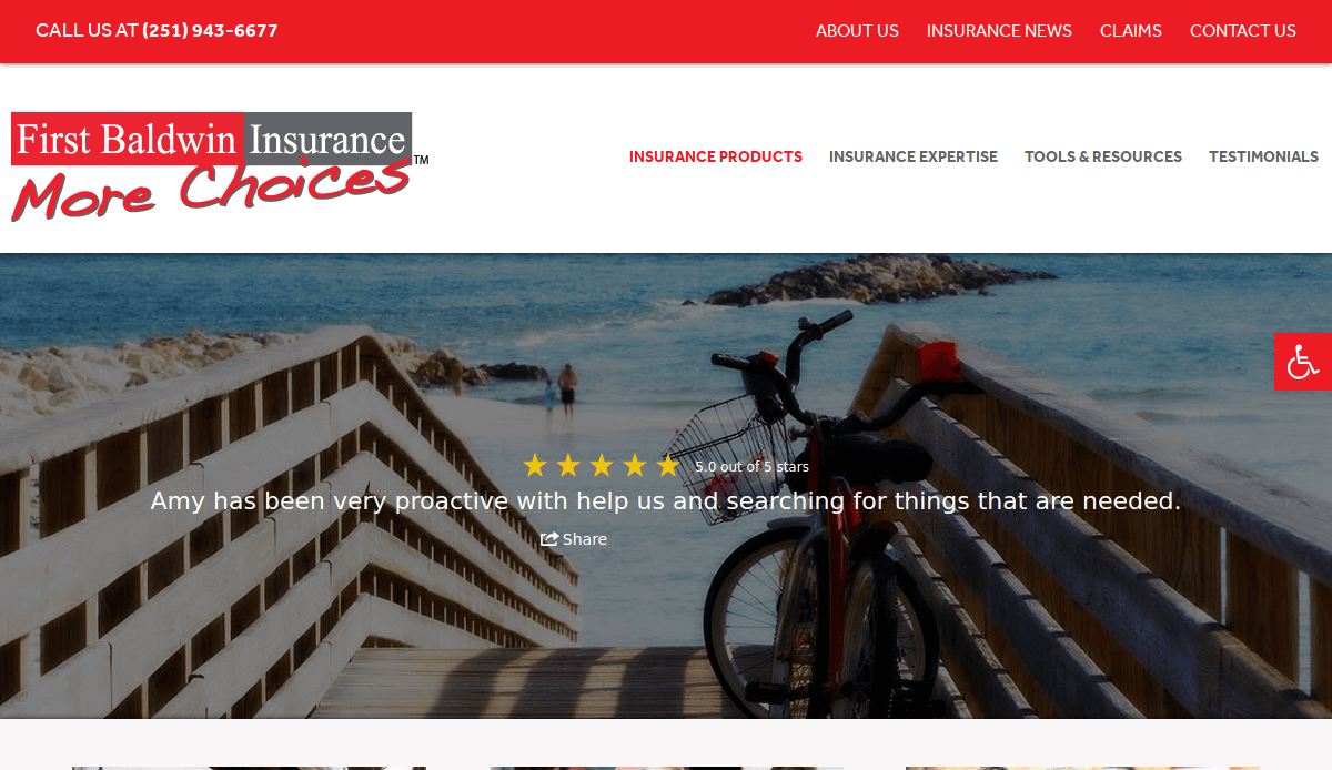 A bicycle rests on a wooden walkway leading to a beach. The header showcases First Baldwin Insurance—More Choices, highlighting top insurance website design with navigation links, a phone number, and a customer review over the serene beach scene.