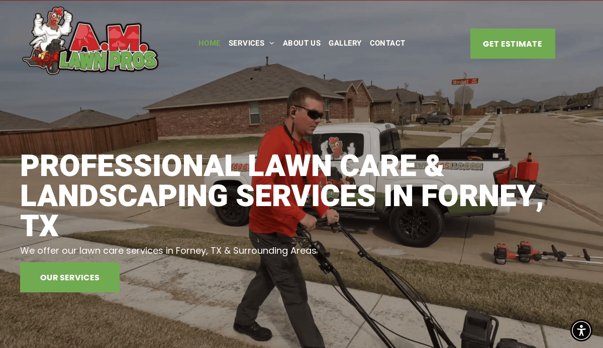 A man in sunglasses mows a suburban lawn with a push mower. A branded truck and trailer from A.M. Lawn Pros are parked nearby. Large text promotes expert Lawn Care and landscaping services in Forney, TX.