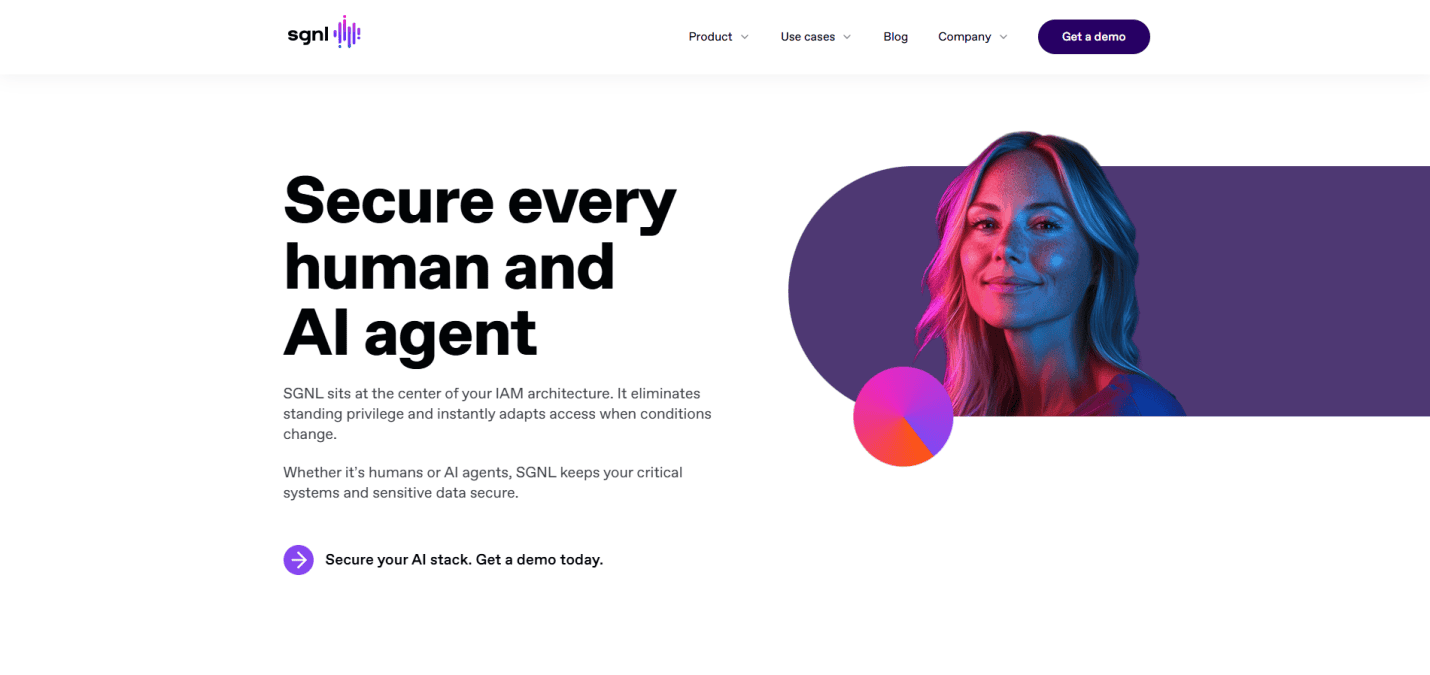 Homepage of a cybersecurity website featuring the headline “Secure every human and AI agent” beside a portrait of a woman with blue and pink lighting. A menu bar, call-to-action button, and modern cybersecurity website designs complete the look.