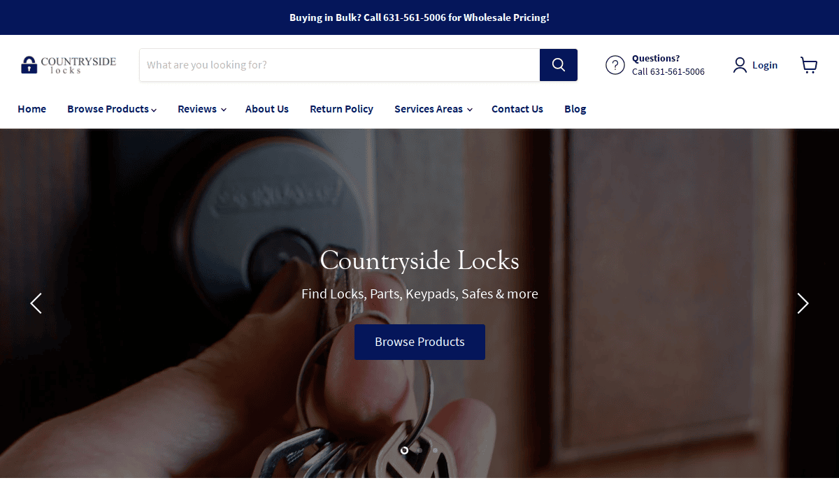 A locksmith website design for Countryside Locks features a hand holding keys near a door lock, with navigation links and a search bar at the top. The main button says Browse Products.