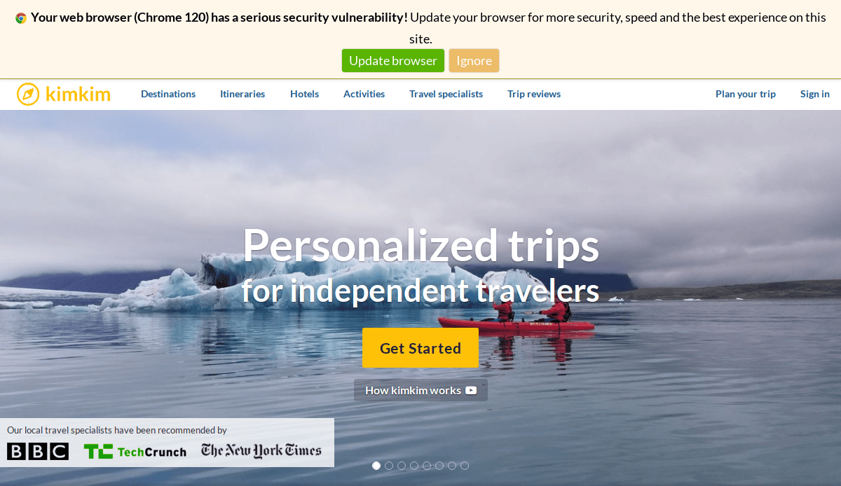 A Travel Agency Website Design for kimkim features two people kayaking on calm water with icebergs and mountains. Text reads, Personalized trips for independent travelers. Get Started on your high-performing site today.