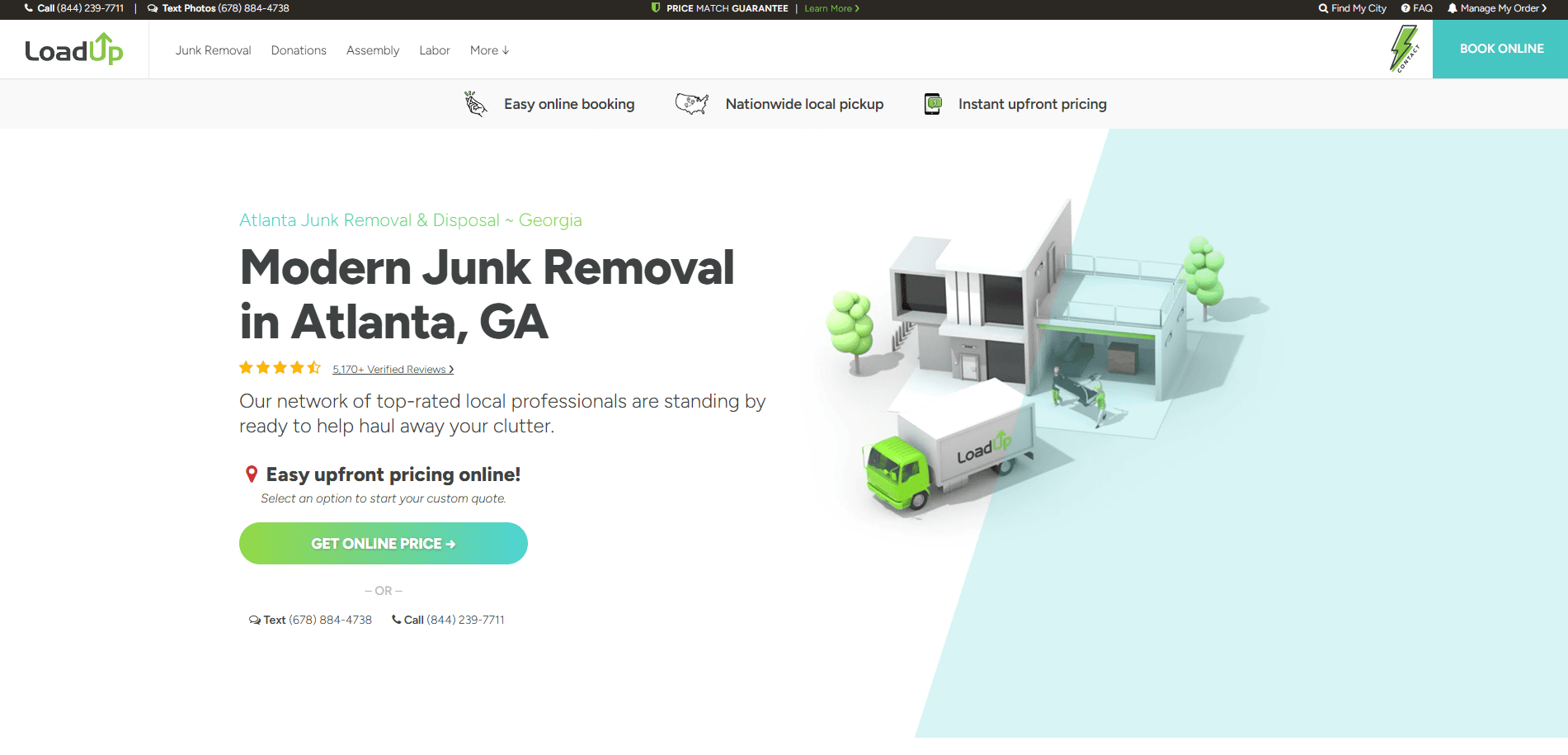 Screenshot of the LoadUp junk removal website featuring a modern house, a LoadUp truck, Modern Junk Removal in Atlanta, GA, and options for online booking, local pickup, and upfront pricing—all showcased with sleek website design.