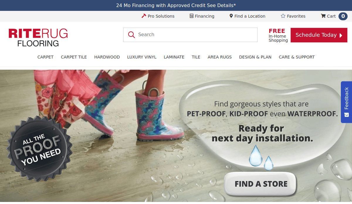 Two children in colorful rain boots cross a hardwood floor sprinkled with water drops. Text highlights pet-proof, kid-proof, and waterproof flooring, plus a Find a Store button and Riterug Flooring branding—perfect for any professional flooring website design.