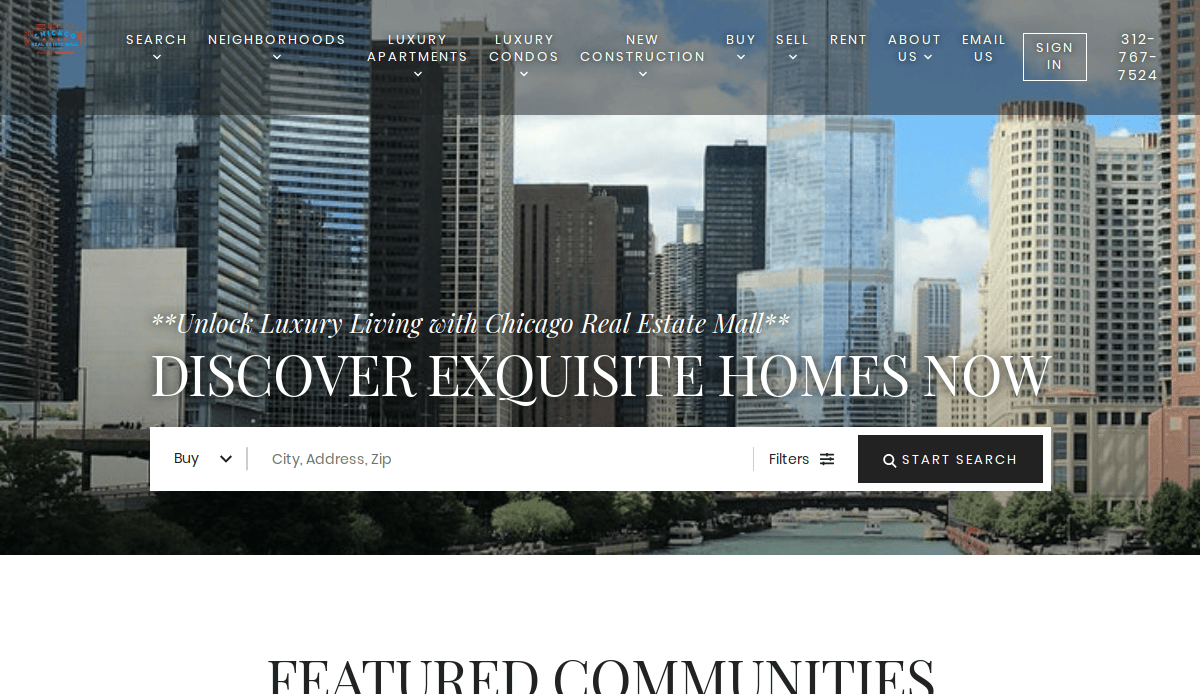 Homepage of a high-converting realtor website design featuring Chicago skyscrapers, a property search bar, navigation menu, and text reading Unlock Luxury Living with Chicago Real Estate Mall and Discover Exquisite Homes Now.