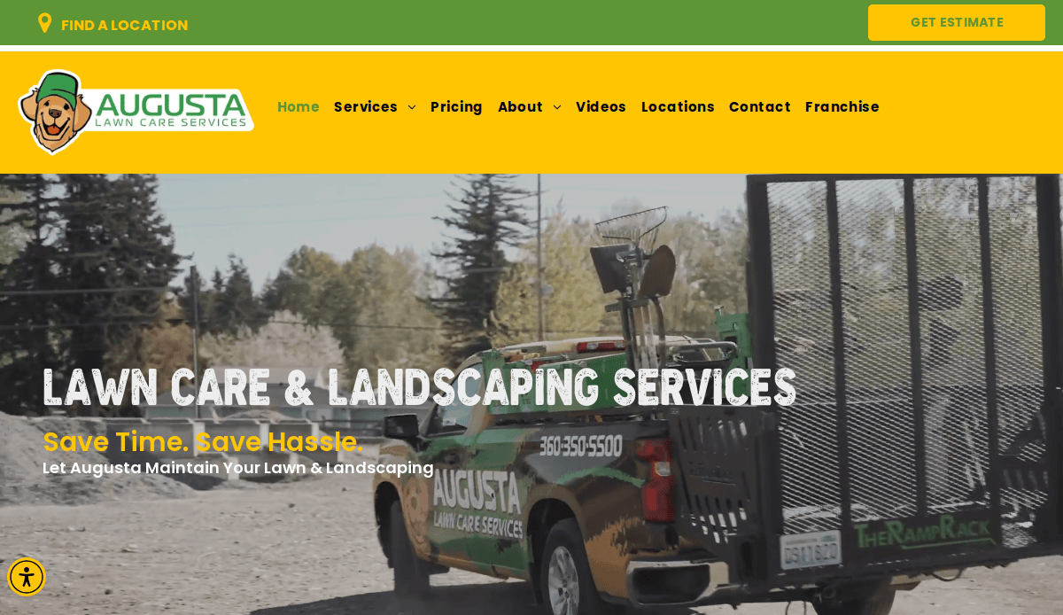 A lawn care service truck with landscaping equipment is parked outdoors. The text reads Lawn Care & Landscaping Services, featuring details about professional lawn maintenance. The website header displays the Augusta Lawn Care Services logo and navigation menu.
