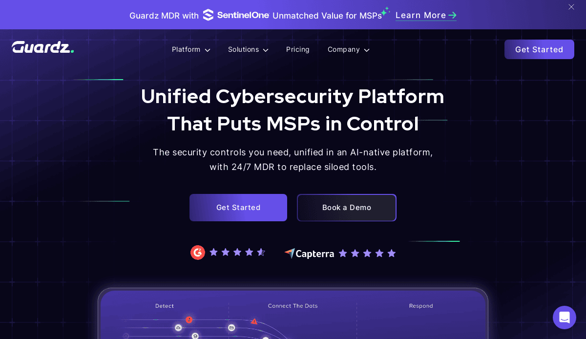 Screenshot of the Guardz homepage showcasing top-tier cybersecurity website design, with a headline promoting its unified platform for MSPs, Get Started and Book a Demo buttons, plus G2 and Capterra ratings.