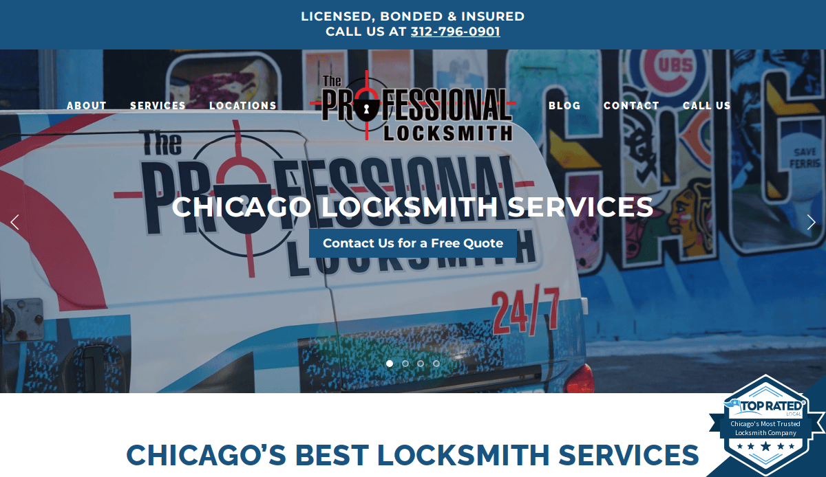 A locksmith site homepage for The Professional Locksmith, featuring a branded van, bold Chicago Locksmith Services text, options to contact or get a quote, and navigation links—all designed with expert locksmith website design.