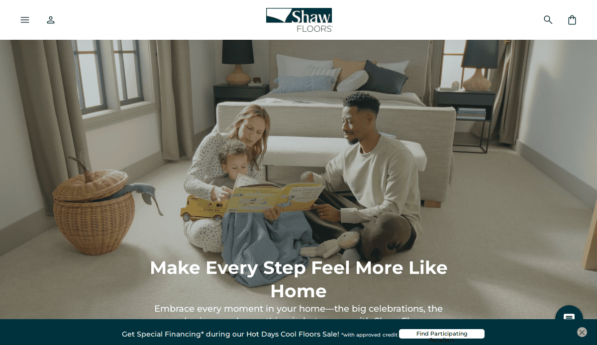 A woman, man, and young girl sit on a beige carpeted floor, reading a book together and smiling in a sunlit, modern bedroom with neutral decor. Text reads Make Every Step Feel More Like Home—discover inspiring flooring website design.