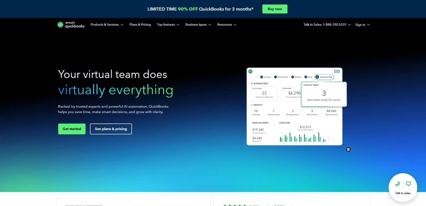 Screenshot of QuickBooks homepage showing a blue-green gradient background, headline Your virtual team does virtually everything, and a sample dashboard graphic. Buttons read Get started and See plans & pricing.