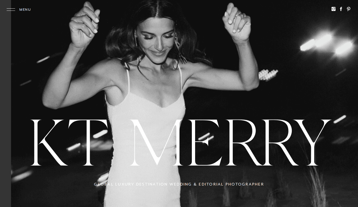 A black and white photo of a woman in a sleeveless dress dancing joyfully with raised arms. Large text across the image reads KT MERRY, with smaller text below featuring luxury wedding photography and inspiring photography website examples.