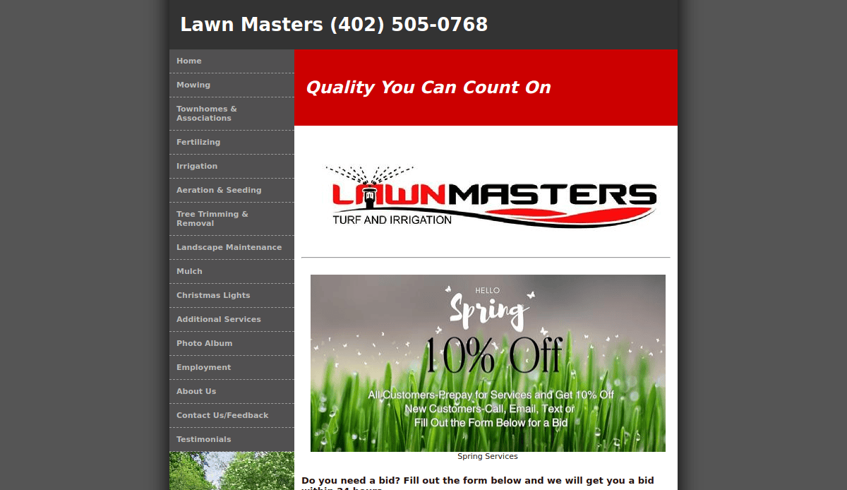 Screenshot of the Lawn Masters website showing their contact number, menu on the left, a red banner stating Quality You Can Count On, the Lawn Masters logo, and a spring promotion offering 10% off lawn care services.