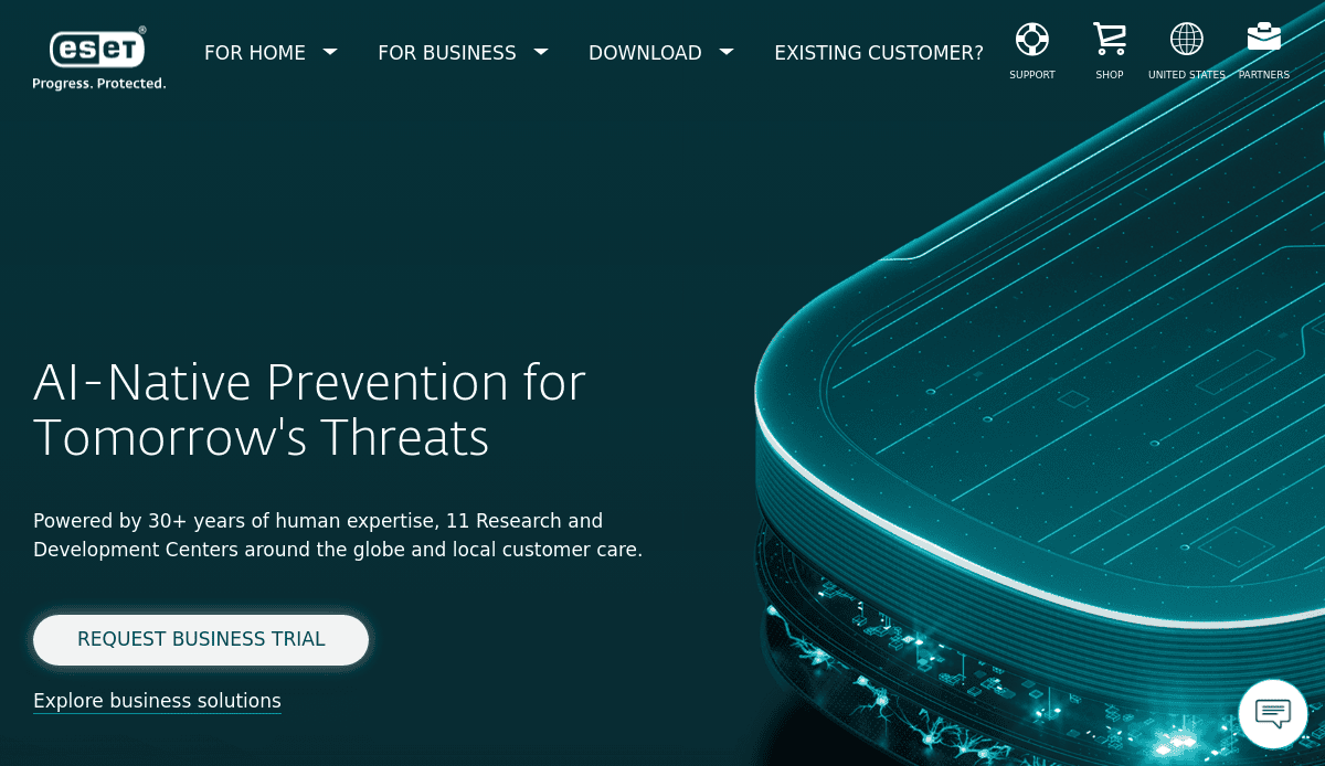 A digital graphic from ESET’s cybersecurity website promotes AI-native prevention, featuring circuit patterns, futuristic blue tones, business solutions text, and a request trial button—showcasing modern cybersecurity website designs.