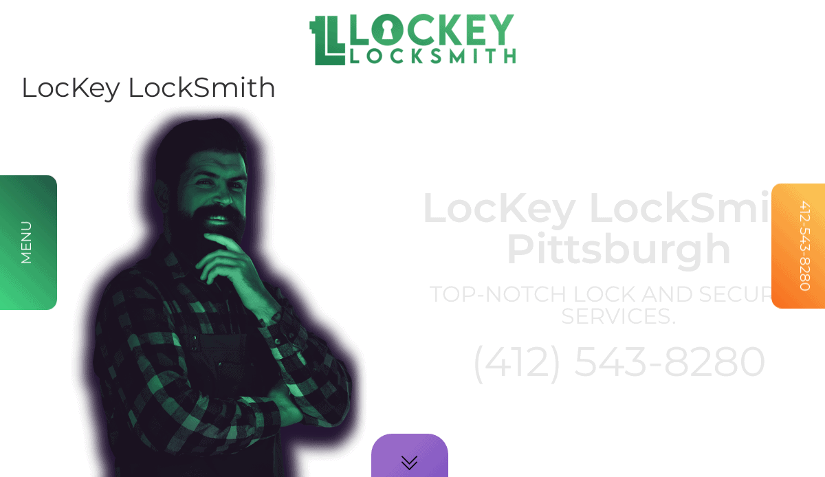 A locksmith website design for LocKey Locksmith featuring a smiling man with a beard and crossed arms on the left, navigation buttons on the sides, and the companys name, services, and phone number displayed centrally.