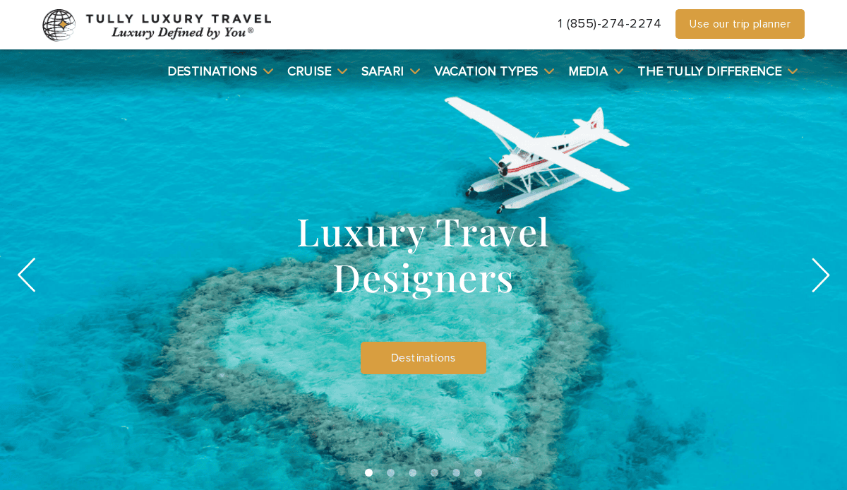 A white seaplane floats on turquoise water above a heart-shaped coral reef, showcasing “Luxury Travel Designers.” This high-performing site offers travel agency website design with navigation for destinations, cruises, safari, and more.