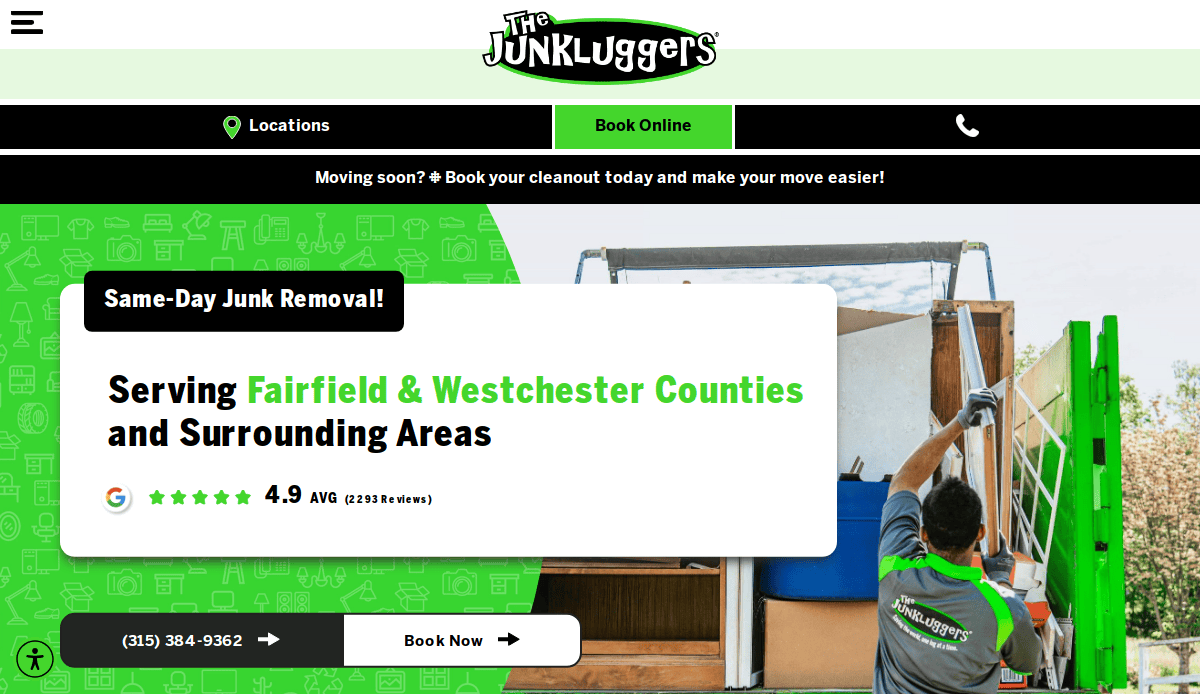 Screenshot of The Junkluggers junk removal website showing a worker loading items into a truck. The banner highlights same-day junk removal in Fairfield & Westchester counties, with a 4.9-star Google rating.