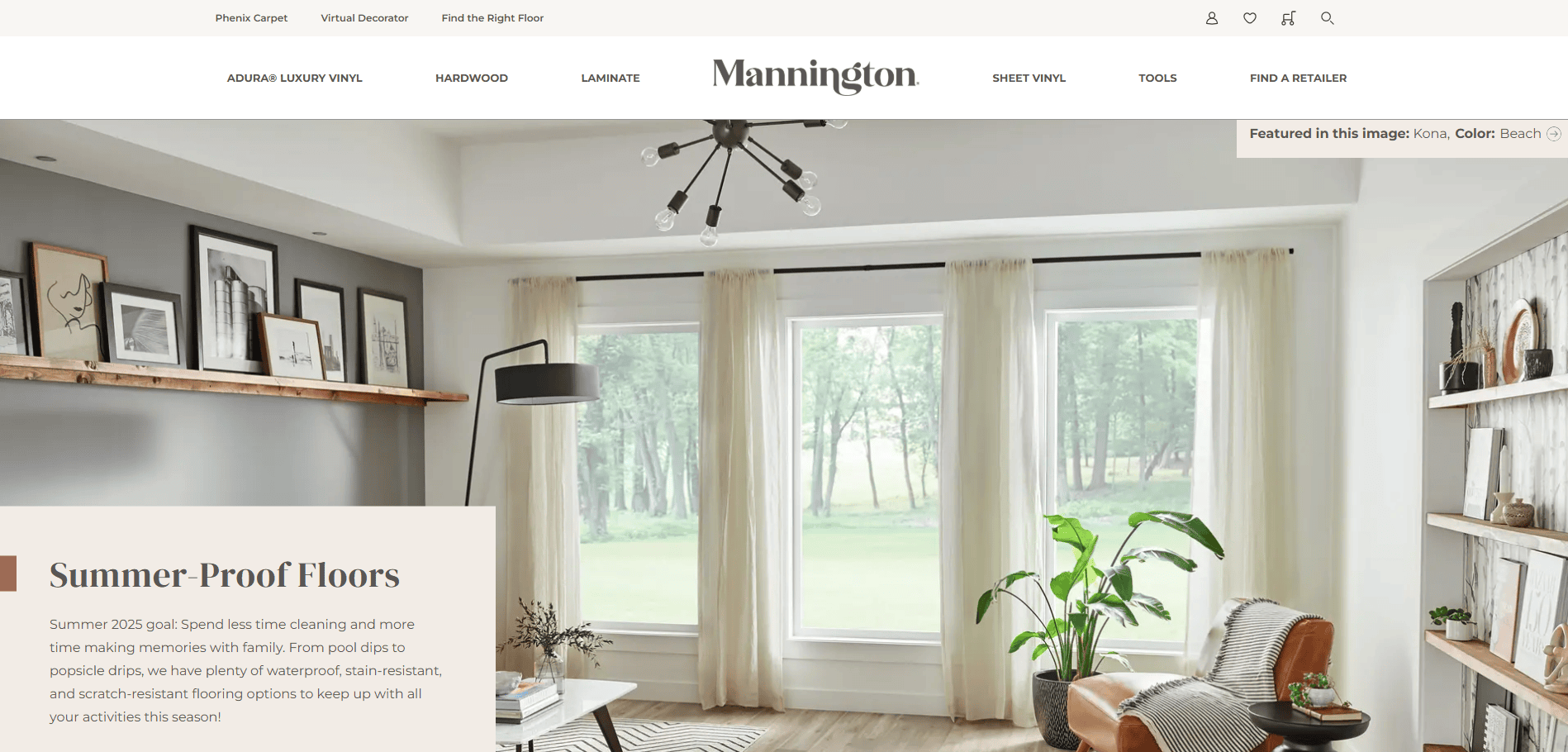 A bright, modern living room with large windows, white curtains, a gray sofa, green plant, and wooden desk. Text overlay reads “Summer-Proof Floors.” Perfect inspiration for your next professional flooring website design.