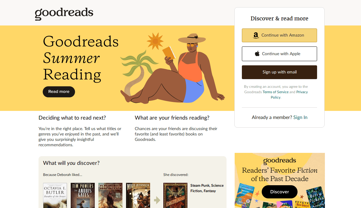 A Goodreads webpage promotes summer reading, featuring an illustration of a woman with a hat holding a book. Login options with Amazon and Apple appear on the right, along with book recommendations below.
