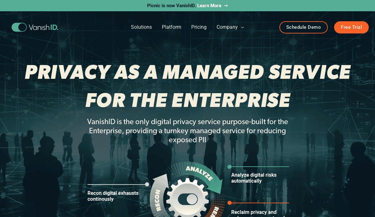 Screenshot of the VanishID homepage featuring the headline Privacy as a Managed Service for the Enterprise, options to schedule a demo or start a free trial, and silhouetted people over a digital network—an example of modern cybersecurity website designs.