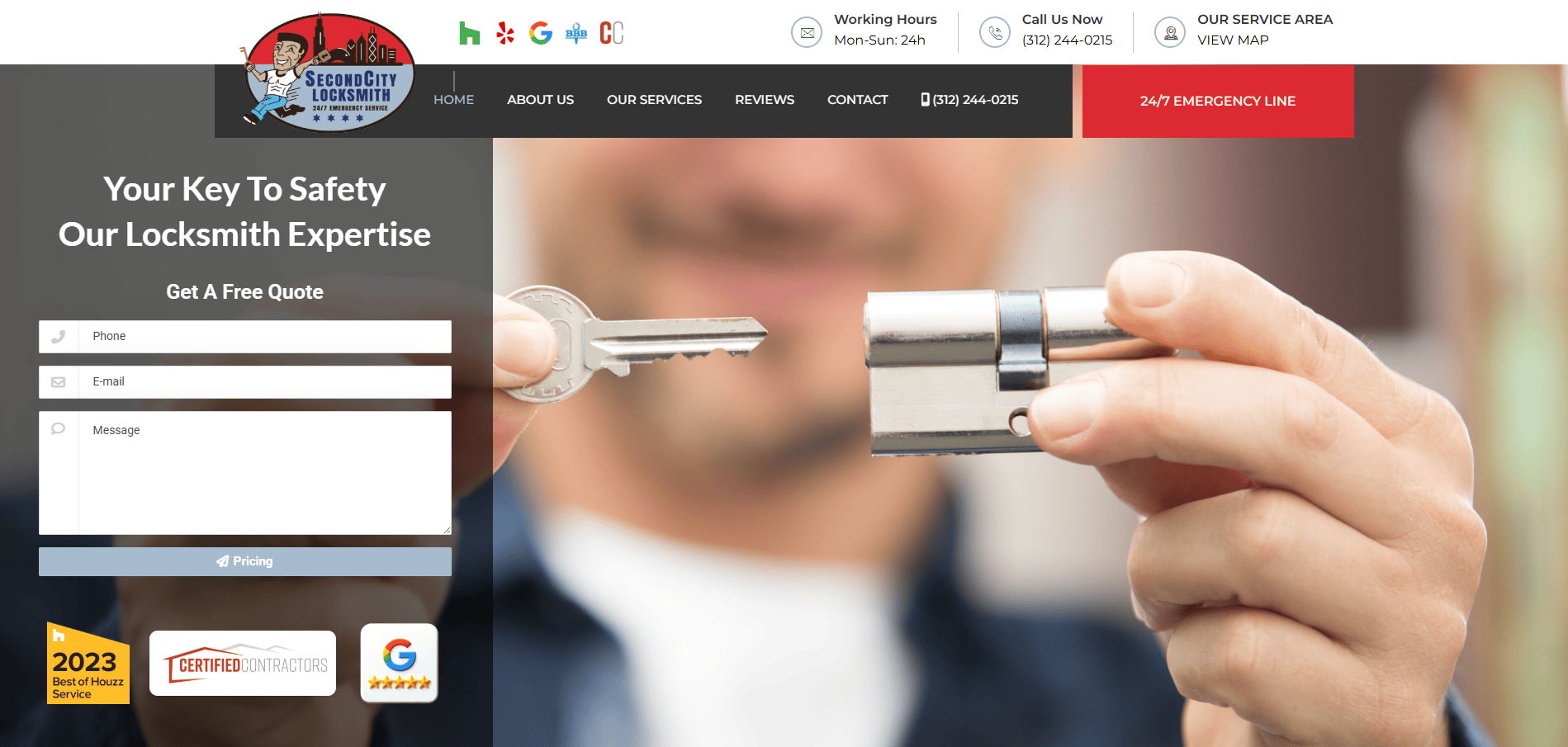 A locksmith holds a key and a door lock cylinder, while a website overlay provides a free quote form, contact info, service area details, and a 24/7 emergency line—showcasing expert Locksmith Website Design for Second City Locksmith.