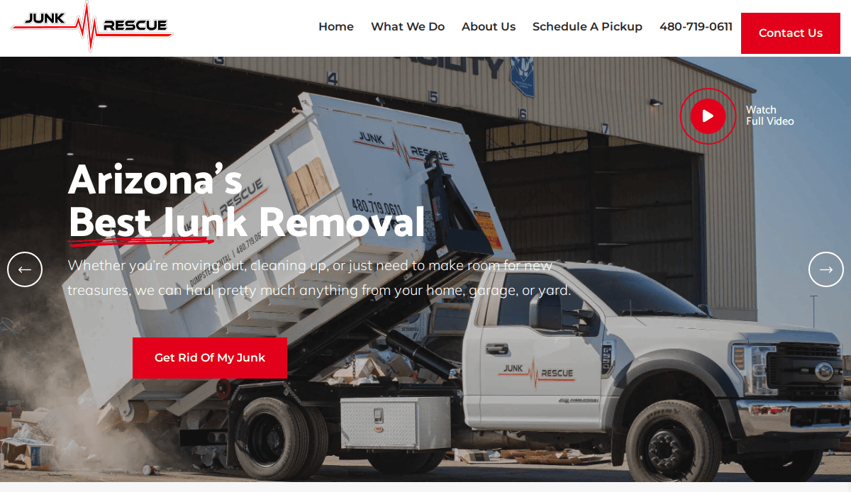 A white Junk Rescue truck unloads debris at a facility; text highlights Arizona’s best junk removal website, featuring contact options and a red Get Rid of My Junk button for easy service requests.