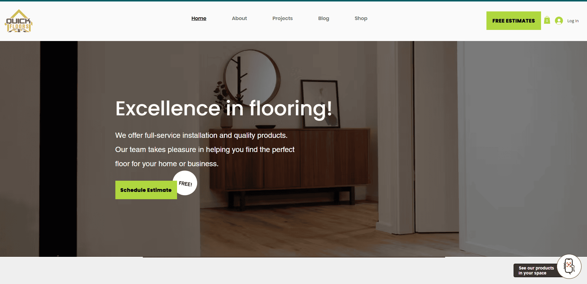 A professional flooring website homepage showcases a modern interior with wood floors, a sideboard, and the text “Excellence in flooring!” plus buttons to schedule or access free estimates—highlighting expert flooring website design.