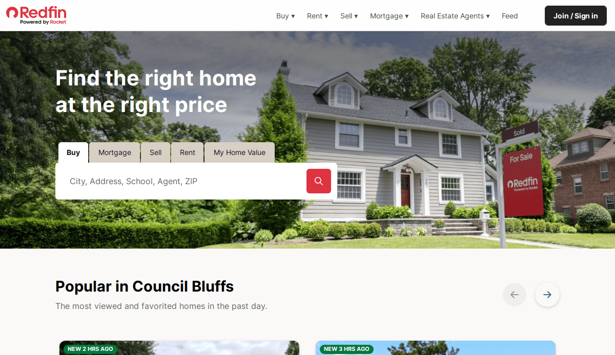 A high-converting real estate website homepage features a large house with a For Sale sign, a search bar for listings, and navigation links for buying, selling, renting, and exploring home values.