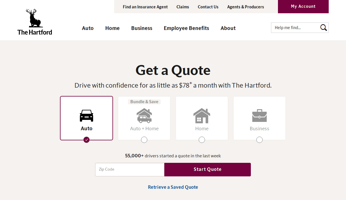 A website page from The Hartford showcases a Get a Quote section reflecting top insurance website design. Auto is selected, with options for Auto + Home, Home, and Business. A zip code field and Start Quote button are at the bottom.