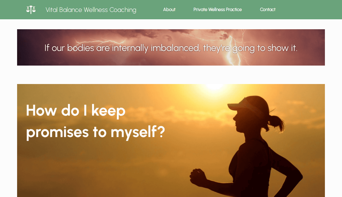 Website homepage for a wellness coaching business; top banner displays the quote “If our bodies are internally imbalanced, they’re going to show it.” Holistic web design features a sunset silhouette of a woman running with, “How do I keep promises to myself?”.