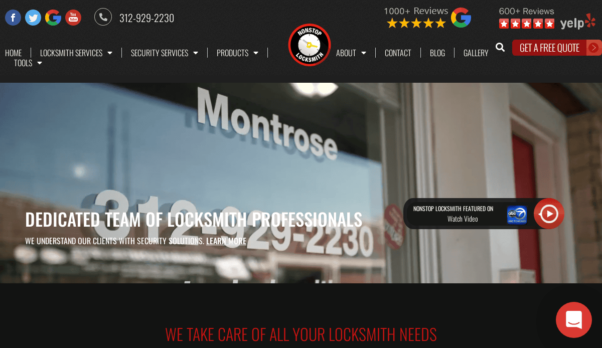 Close-up of a glass door with Montrose and a phone number. The locksmith site header displays Monster Locksmith’s logo, contact info, social media icons, and menu options above a banner highlighting locksmith services.