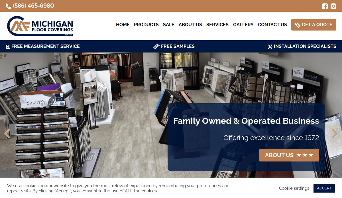 Showroom of Michigan Floor Coverings displaying various flooring samples; website header features a professional flooring website design with navigation menu, contact info, and banners for free measurement, samples, installation specialists, and business details.