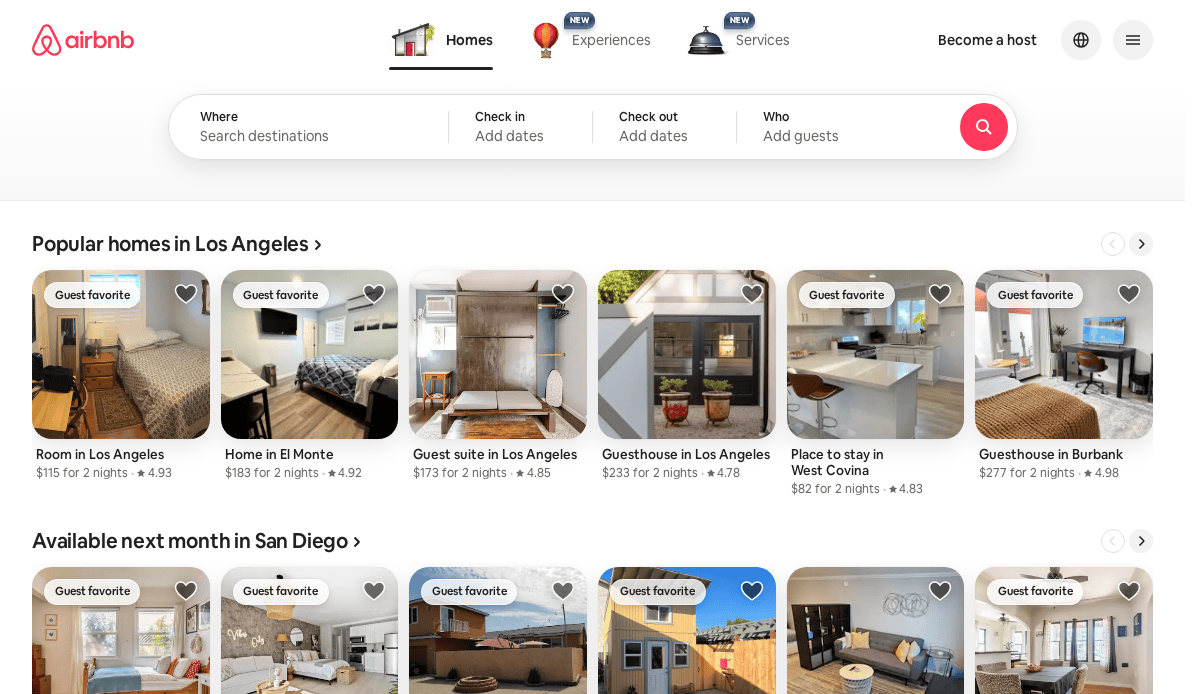 Screenshot of the Airbnb website showing search filters and listings for popular homes in Los Angeles and available rentals in San Diego, each featuring images, brief descriptions, prices, and “Guest favorite” labels.